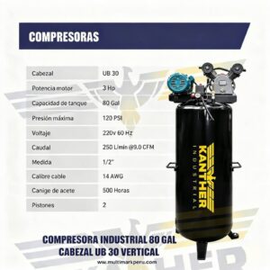 COMPRESORA DE AIRE KANTHER UB 30 — 80 GALONES — 3Hp — VERTICAL 🇨🇳🇵🇪