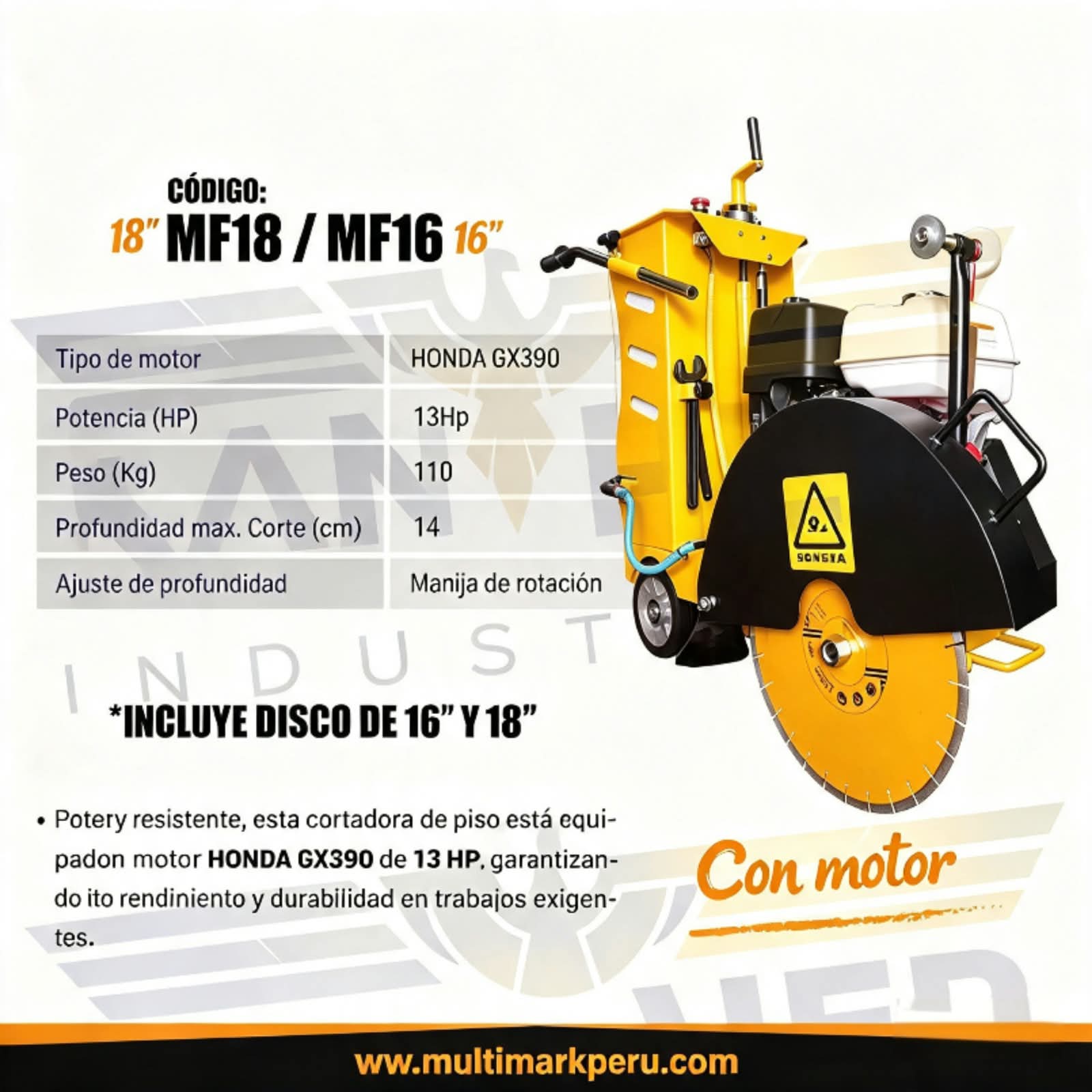 🦅 🇨🇳🇵🇪 CORTADORA DE CONCRETO KANTHER MF18/MF16 — HONDA 13Hp — INCLUYE DISCO – 🦅 🇨🇳🇵🇪 CORTADORAS DE PISO — CON MOTOR Y SIN