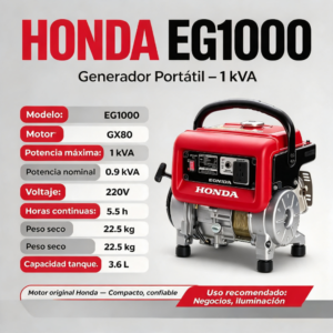 Generador monofásico de 1 KW de poten0 horas aproximadamente.cia máxima y alimentación de 220V-EG1000 – 1KW – Generadores