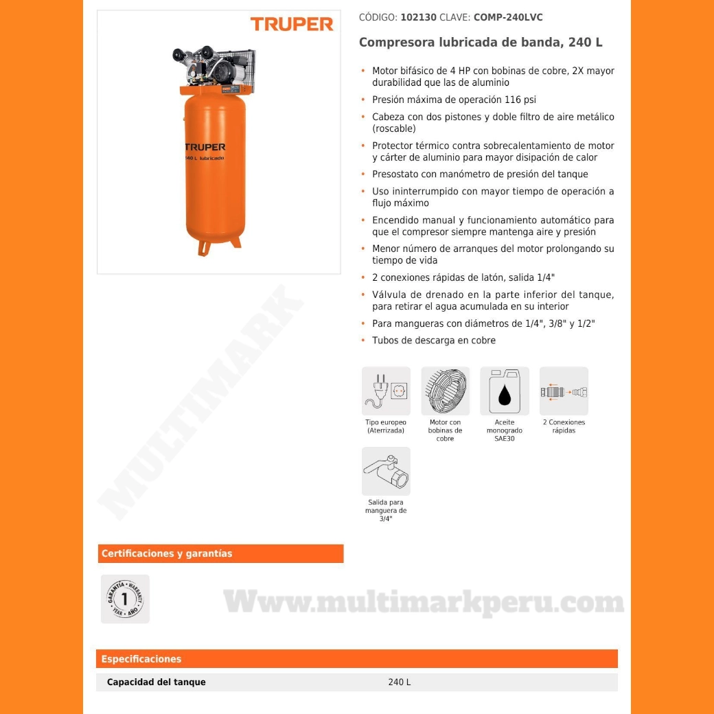 COMPRENSORA truper 240 litros 102130 - Imagen 4