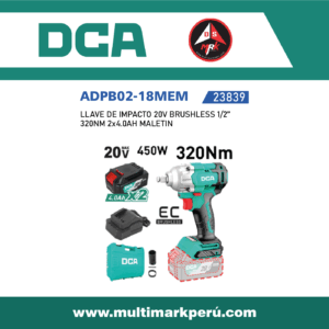 LLAVE DE IMPACTO DCA 20V BRUSHLESS 1/2’’  320NM 2x4.0AH MALETIN, ADPB02-18MEM