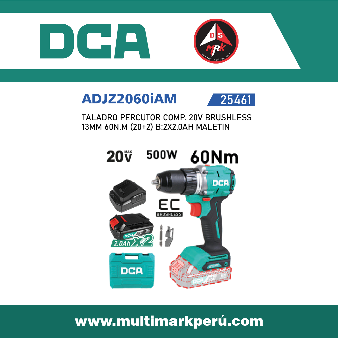 TALADRO PERCUTOR COMP. DCA 20V BRUSHLESS 13MM 60N.M (20+2) B:2X2.0AH MALETIN, ADJZ2060iAM – ✳️DCA DCA DCA DCA DCA❇️