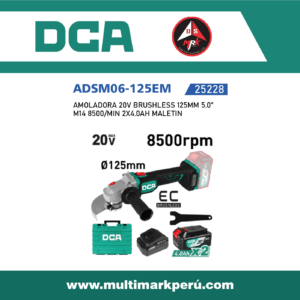 AMOLADORA DCA 20V BRUSHLESS 125MM 5.0’’  M14 8500/MIN 2X4.0AH MALETIN,  ADSM06-125EM