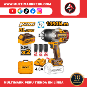 LLAVE DE  IMPACTO INGCO 20V  1350N.M.  +BAT+CARGADOR+SOCKET+MALETIN CIWLI20135