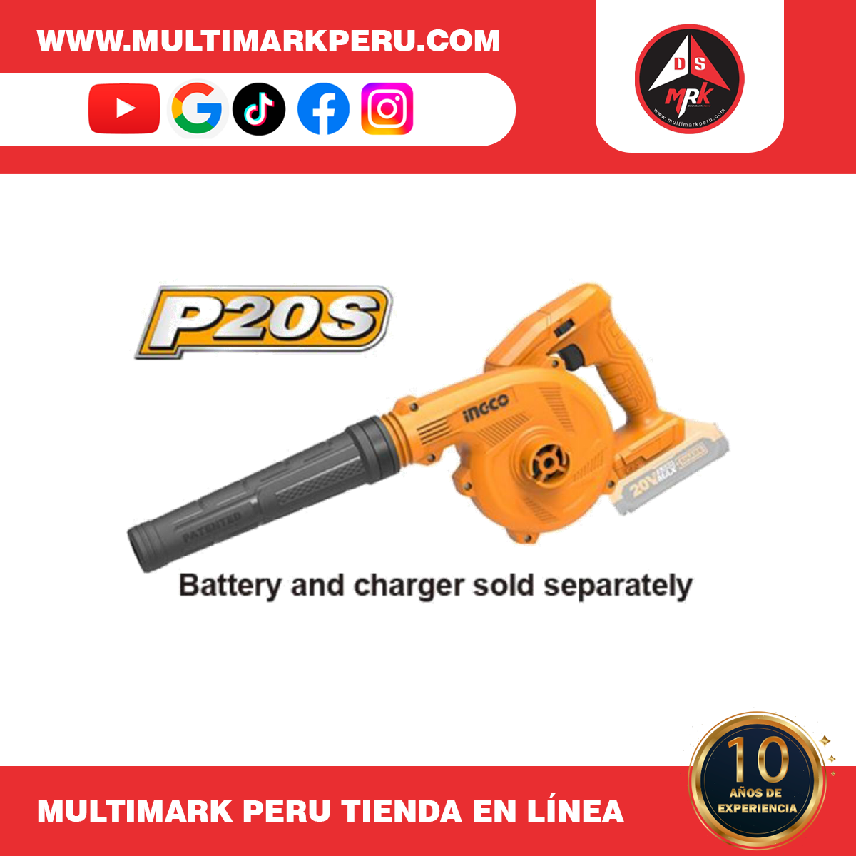 SOPLADORA 20V 2.7m³/min C/AJUSTE DE 2VELOCIDADES, CABLI20018 – Máquinaria inalámbrica (Ingco)