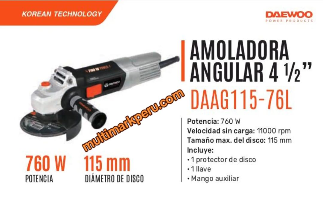 Amoladora Angular Daewoo DAAG115‑76L 4 ½” 760 W – Multimark Perú