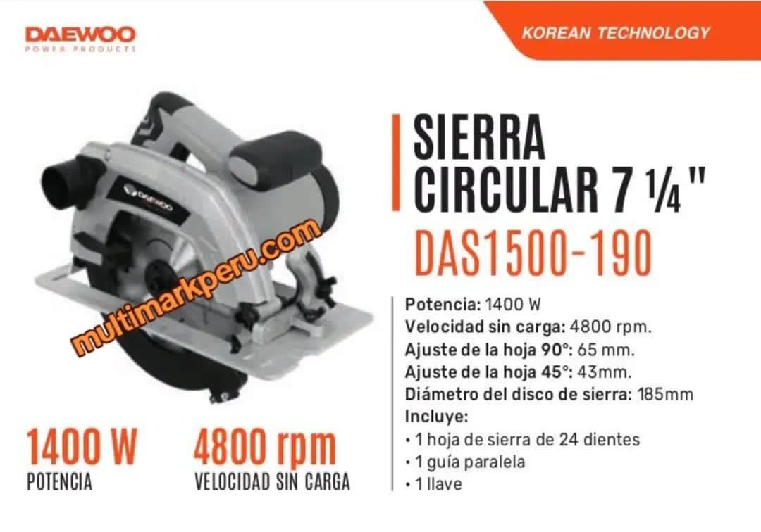 Sierra Circular Daewoo DAS1500‑190 7 ¼” 1400 W – Multimark Perú – 🔴DAEWOO MAQUINARIAS INDUSTRIALES 🔴