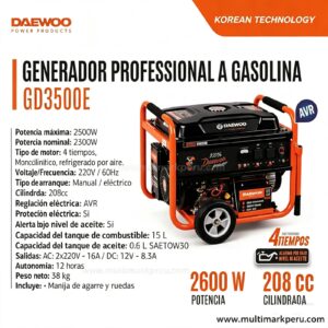 Generador a Gasolina Daewoo GD3500E — 2600W con Arranque Manual y Eléctrico