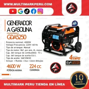Generador a Gasolina Daewoo GDA5250 | 4600 W Máx / 4000 W Nom – Multimark Perú