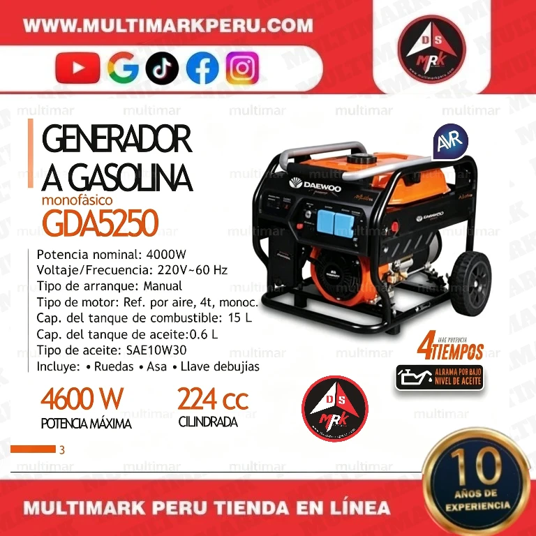 Generador a Gasolina Daewoo GDA5250 – 4600 W Máx / 4000 W Nom – Multimark Perú – 🔴DAEWOO MAQUINARIAS INDUSTRIALES 🔴