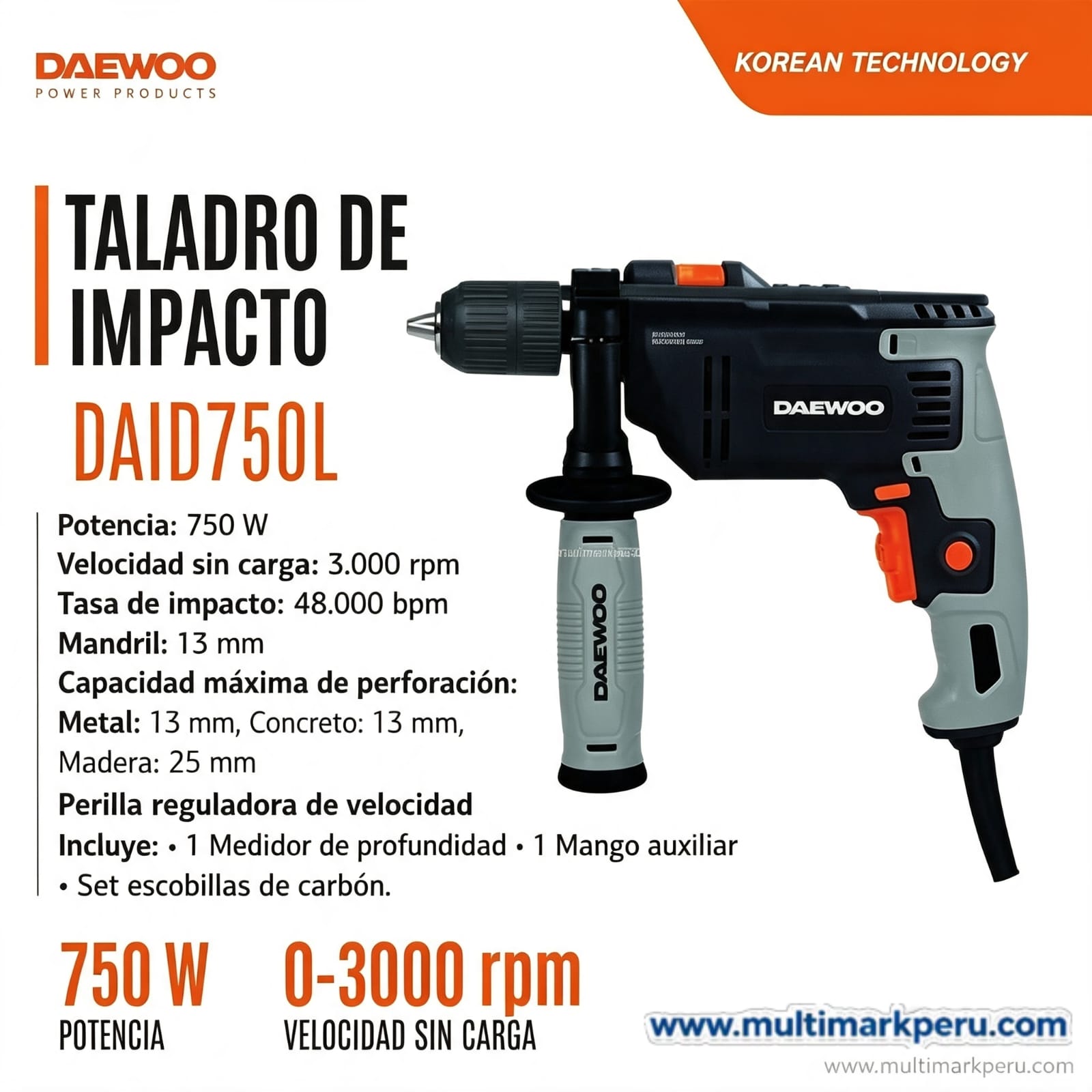 Taladro de Impacto Daewoo DAID750L — 750W 13mm con Velocidad Variable