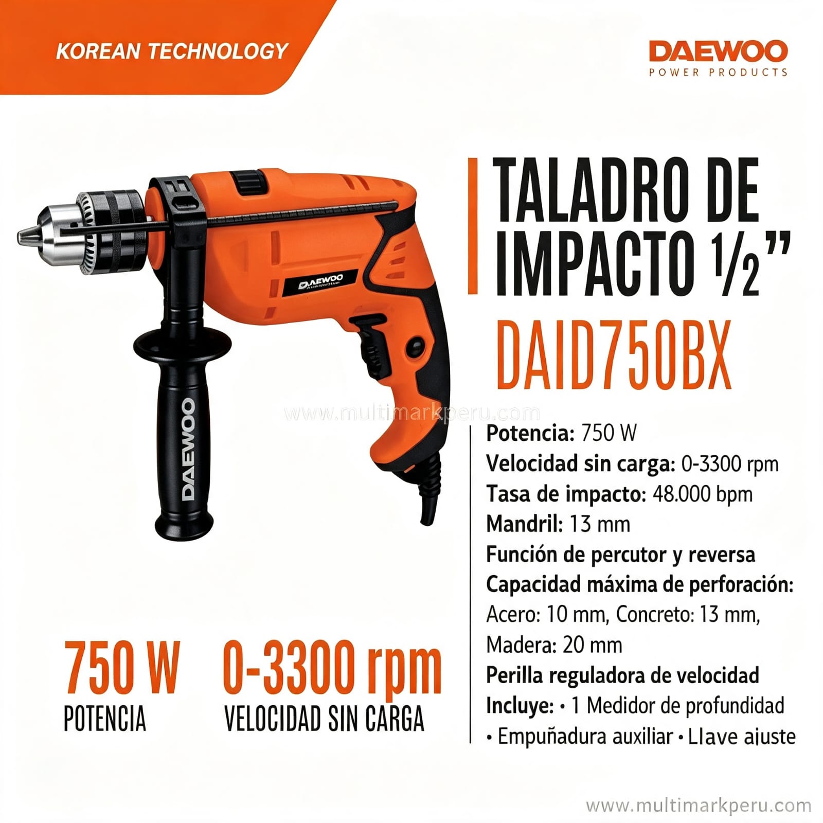 Taladro de Impacto Daewoo DAID750BX — 750W 1/2" con Percutor y Reversa