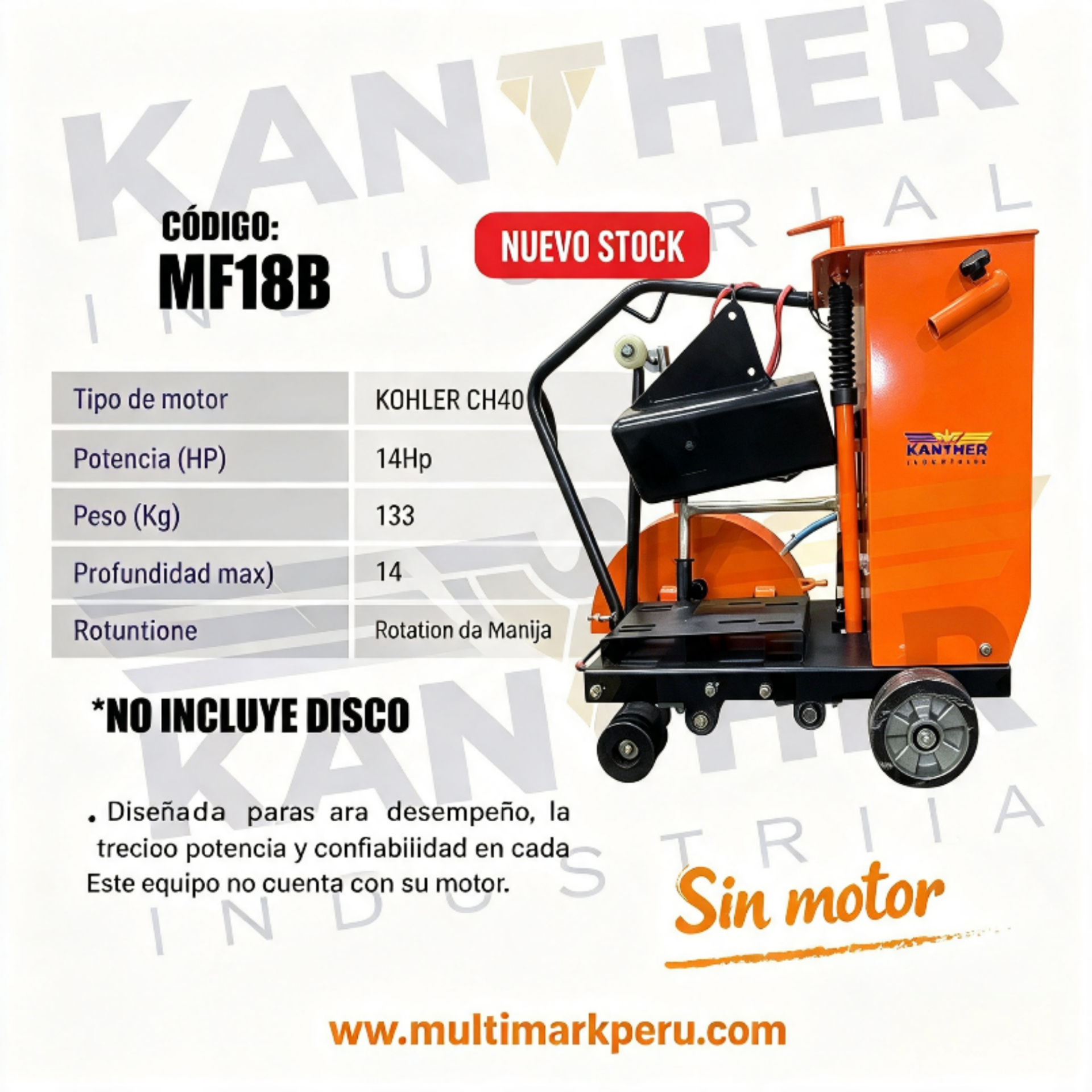 🦅 🇨🇳🇵🇪 CORTADORA DE CONCRETO KANTHER MF18B — 14Hp – SIN MOTOR – 🦅 🇨🇳🇵🇪 CORTADORAS DE PISO — CON MOTOR Y SIN MOTOR