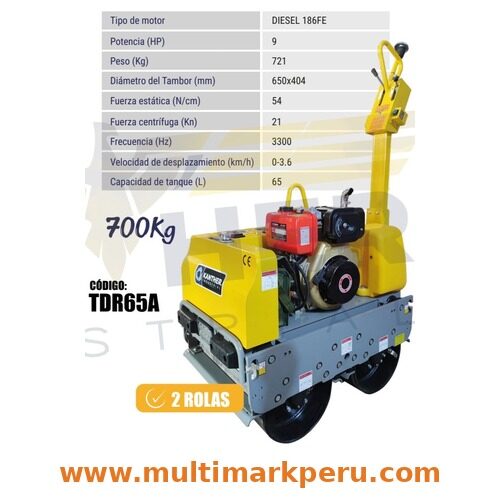 RODILLO COMPACTADOR KANTHER TDR65A — 2 ROLAS — 721 Kg — DIÉSEL 🇨🇳🇵🇪