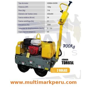 RODILLO COMPACTADOR KANTHER TDR65L — 2 ROLAS — 700 Kg — GASOLINERO HONDA GX390 🇨🇳🇵🇪