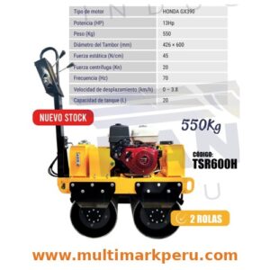 RODILLO COMPACTADOR KANTHER TSR600H — 2 ROLAS — 550 Kg — GASOLINERO HONDA GX390 🇨🇳🇵🇪